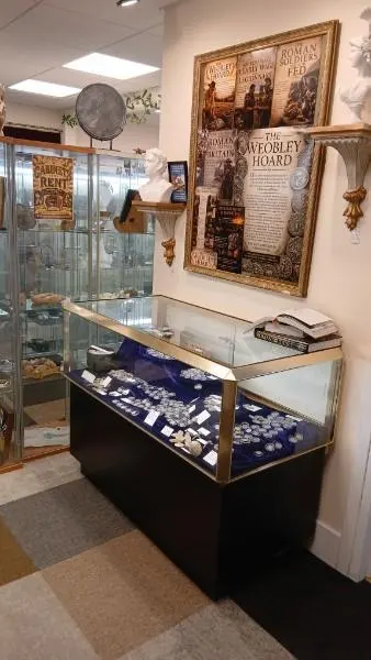 The Weobley Hoard display case on the shop floor at Bishop’s Emporium in Leominster